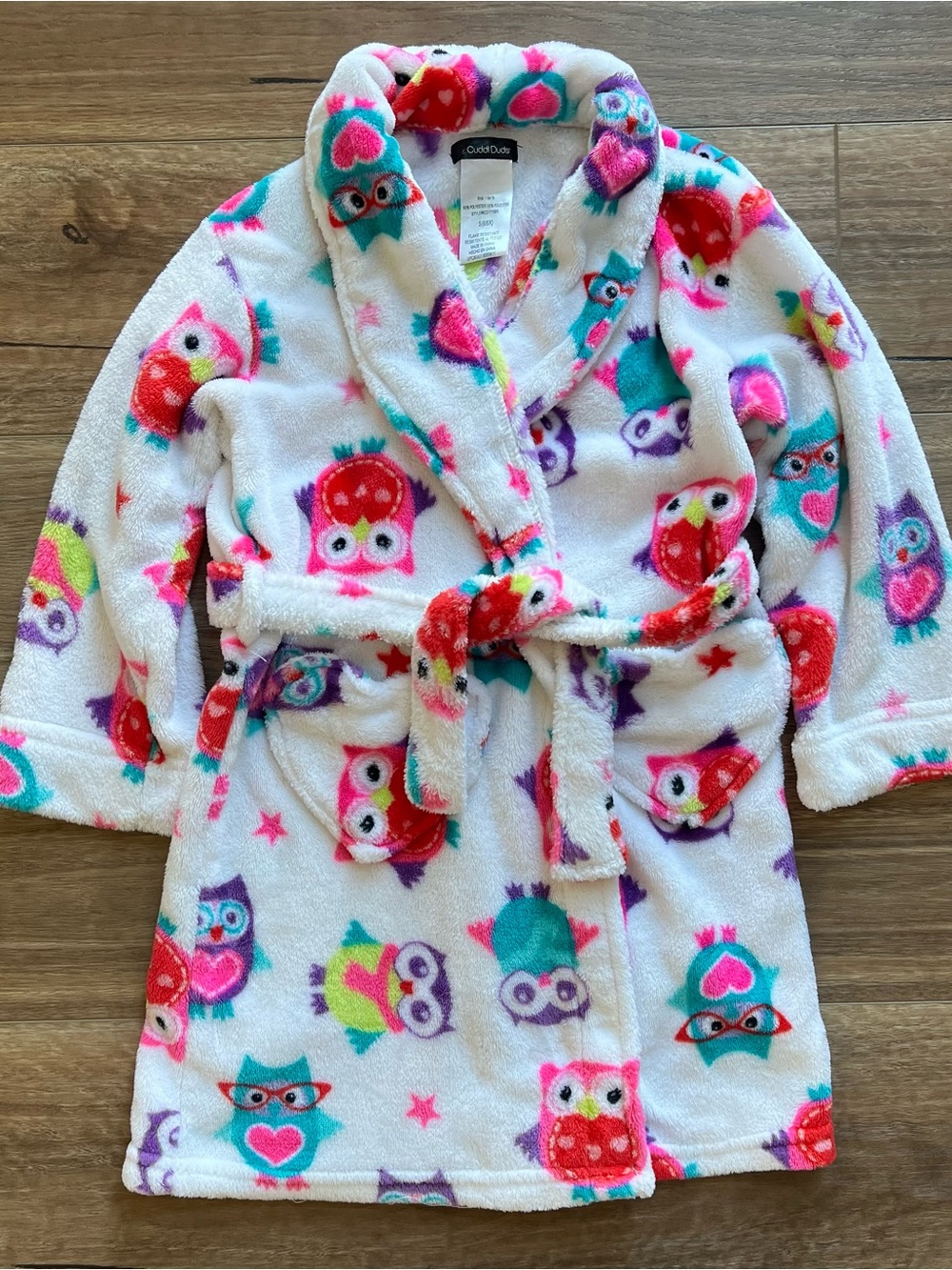 Cuddl Duds Girls' Plush Owl Robe in White with Pink, Teal & Purple Accents